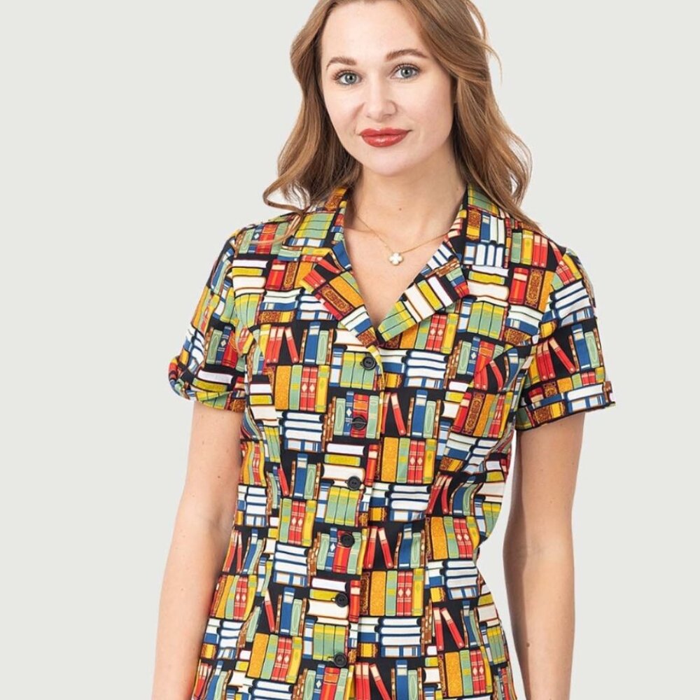 Fit & Flare Button Up Top in Book Print W/ Button & Short Sleeves
